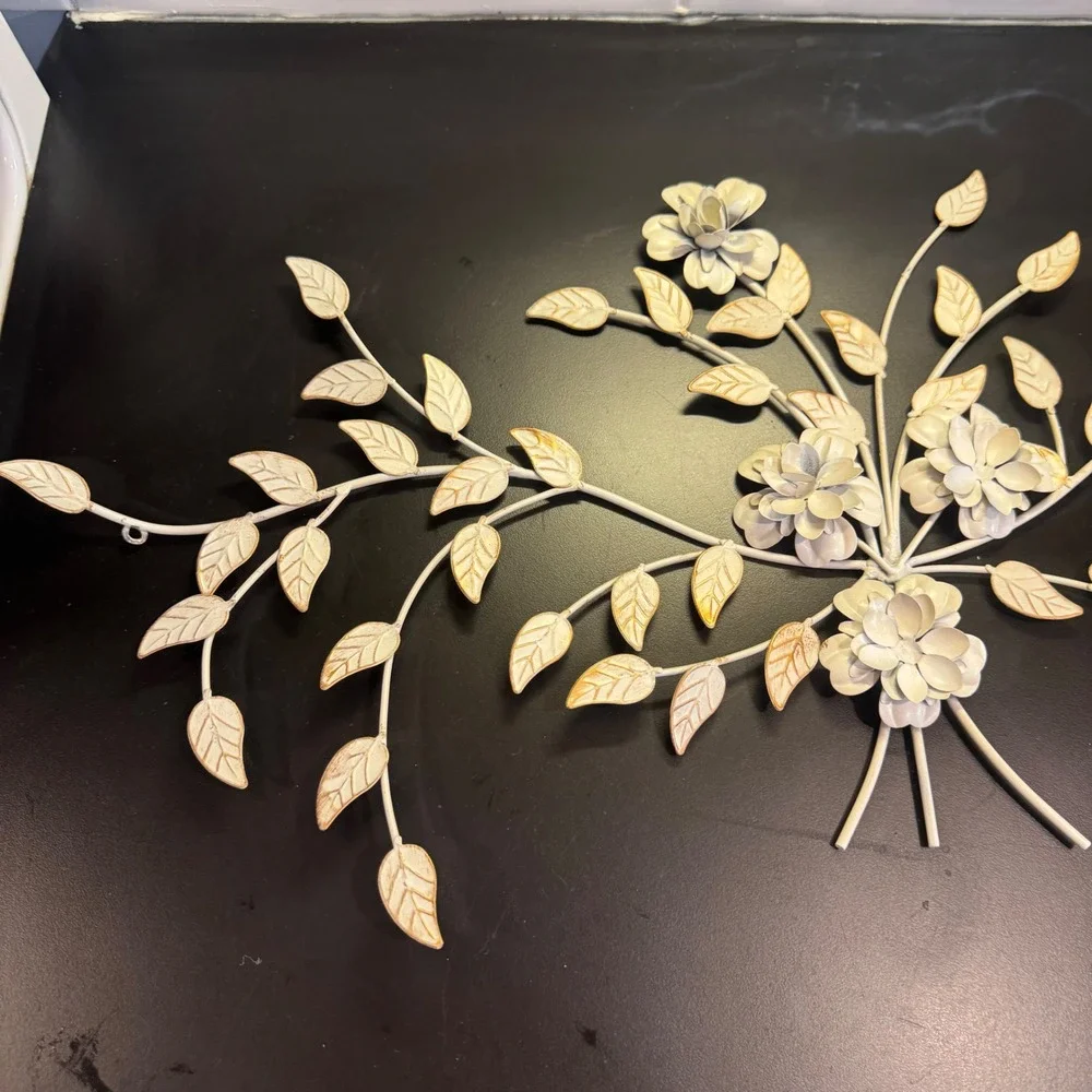 Metal Floral Wall Art Home Decor 28in Cream Gold Distressed Shabby Chic Spray